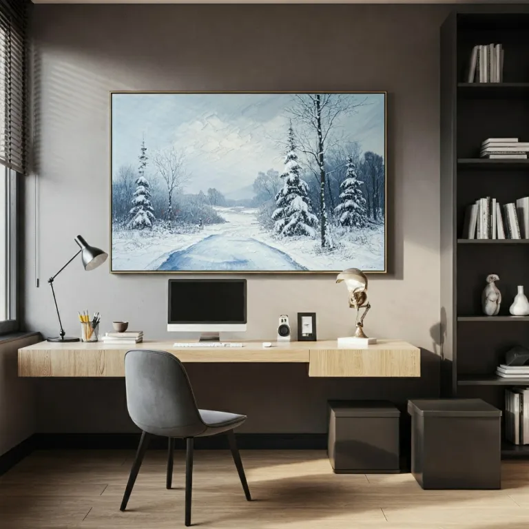 A modern minimalist home office with a large oil painting of a snowy landscape in cool tones